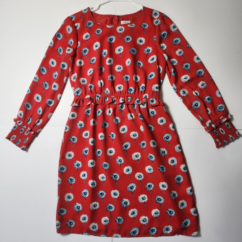Like New Size 0 J. Crew Red Daisy Midi Dress With Ruffled Sleeves